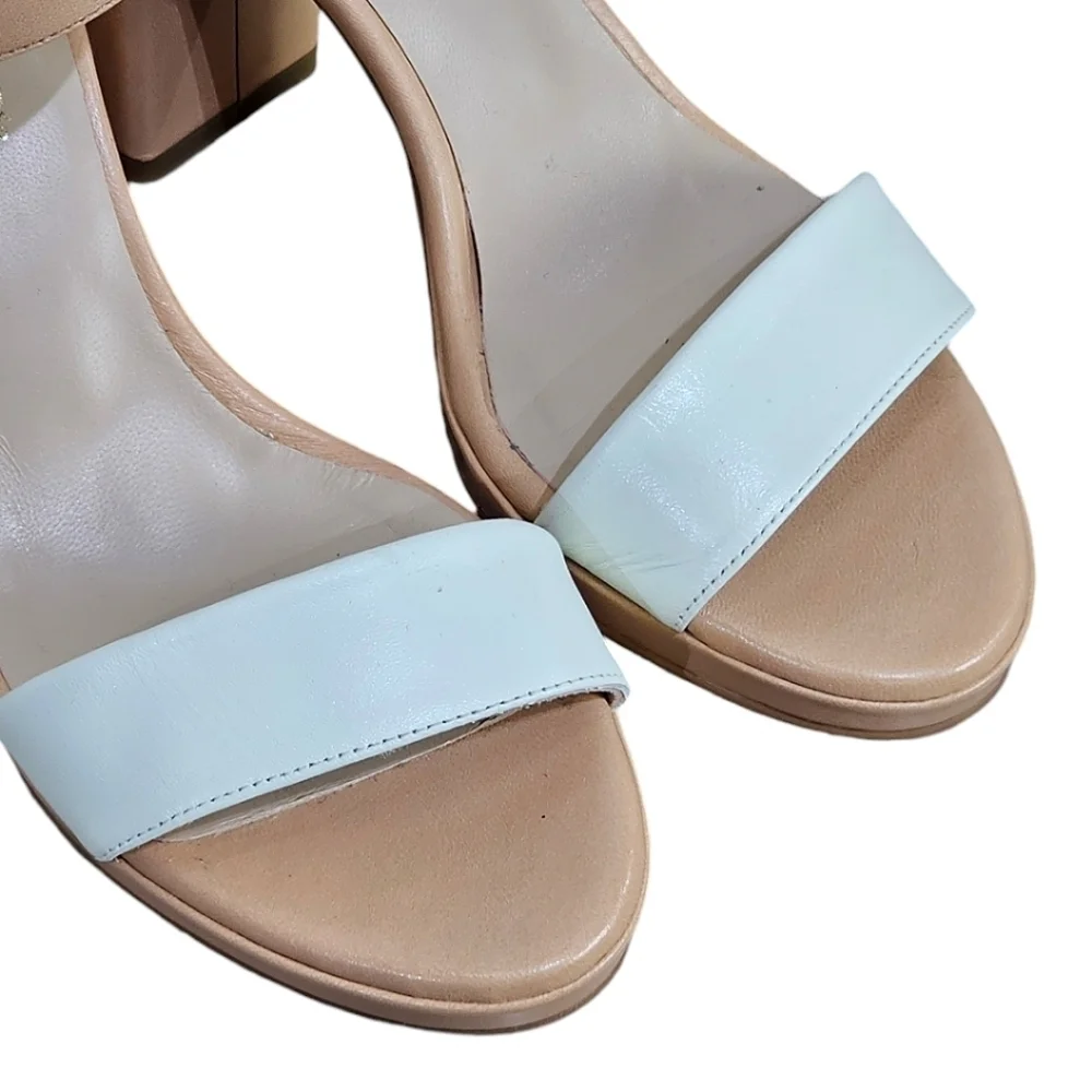 Brenda Zaro Leather Ankle Strap Heels Sz 37 Beige White Block Heel Open Toe Posh